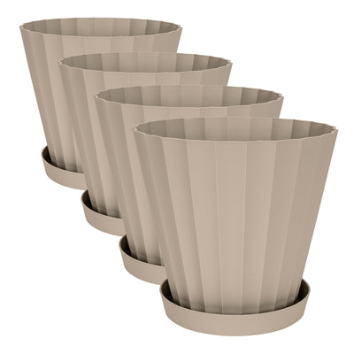 Plastiken DORIC - Set de 4 Macetas Redondas con Platos Incluidos. Medida 26 cm 8L. Taupe