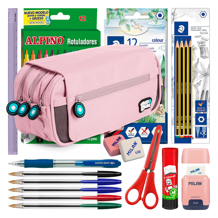 ColePack BitsBobs - Estuche Triple de 3 Cremalleras con Material Escolar Incluido. Rosa Soft