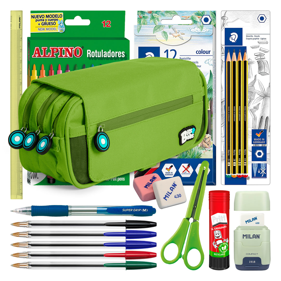 ColePack BitsBobs - Estuche Triple de 3 Cremalleras con Material Escolar Incluido. Verde