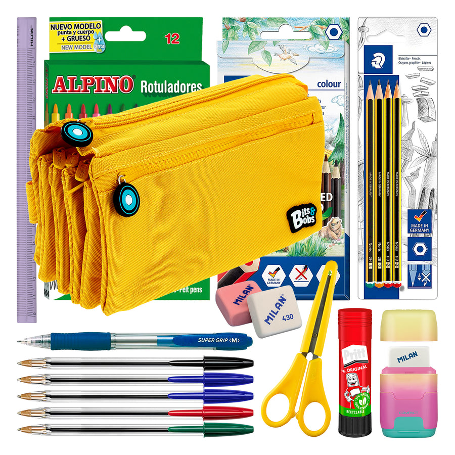 ColePack - Estuche Escolar Cuádruple de 4 Cremalleras y Material Incluido. Amarillo