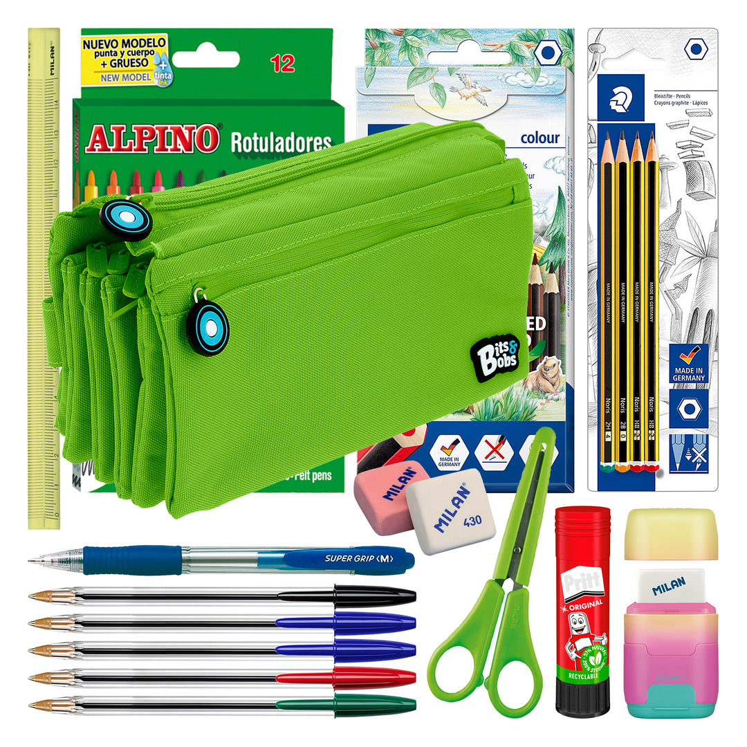 ColePack 2022 - Estuche Escolar Cuádruple de 4 Cremalleras y Material Incluido. Verde