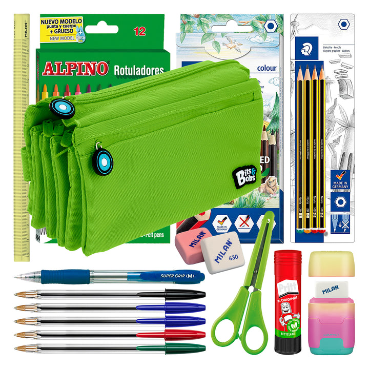 ColePack 2022 - Estuche Escolar Cuádruple de 4 Cremalleras y Material Incluido. Verde