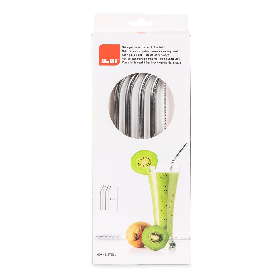 IBILI - Set de 4 Pajitas Reutilizables en Acero Inoxidable con Cepillo Limpiador