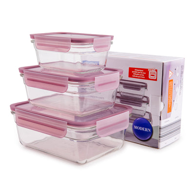 Glasslock Oven - Set de 3 Recipientes Rectangulares de 0.5L, 1L y 1.7L Vidrio Horno. Violeta