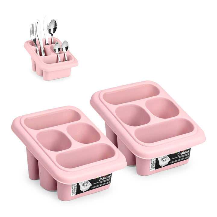 Plastic Forte Square - Set de 2 Escurridores de Cubiertos con 4 Compartimentos. Rosa