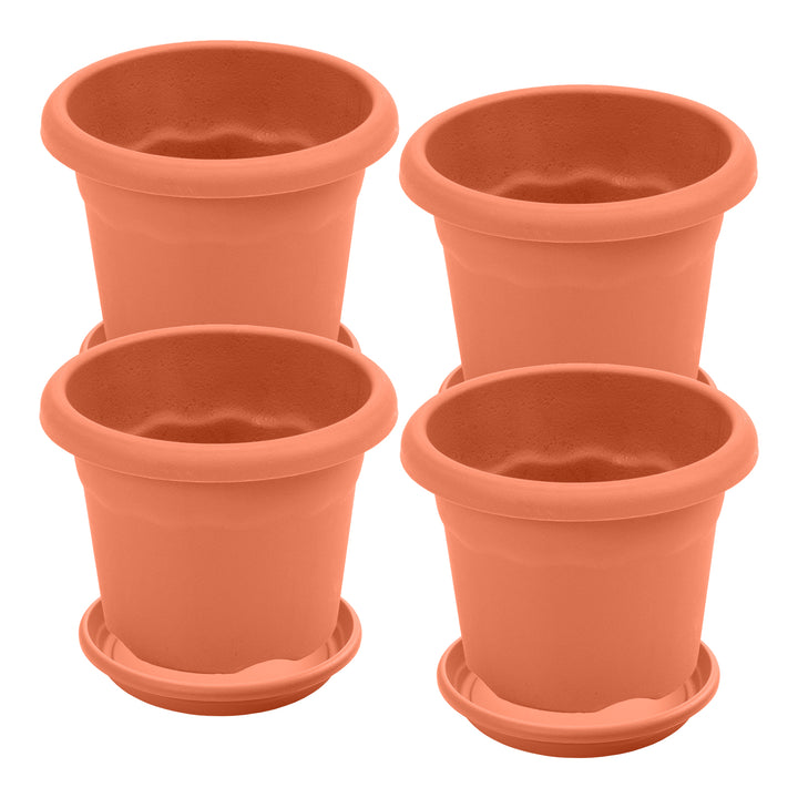 Plastiken TERRA - Lote de 4 Macetas Redondas con Platos Incluidos. Medida 26 cm 6L. Terracota