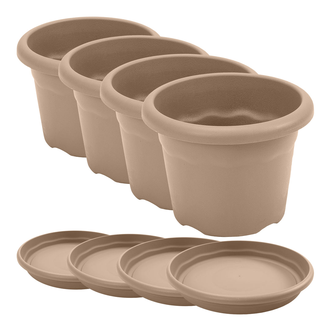 Plastiken TERRA - Set de 4 Macetas Redondas con Platos Incluidos. Medida 35 cm 14L. Taupe