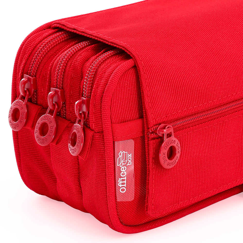 Estuche Escolar Triple Portatodo de Alta Capacidad con Tres Cremalleras. Rojo