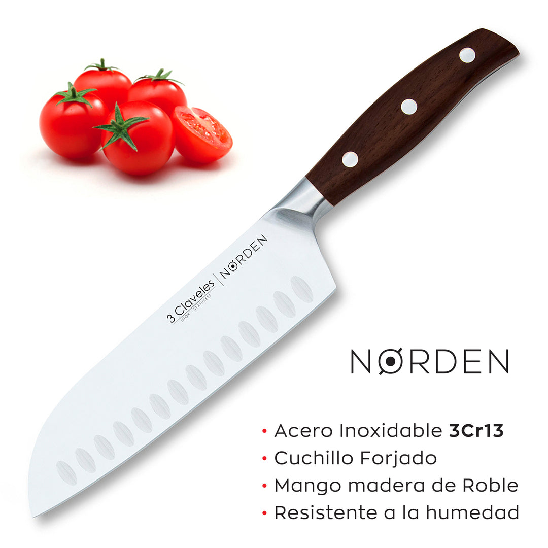 3 Claveles Norden - Cuchillo Santoku Profesional 17.5 cm Acero Forjado y Mango de Roble