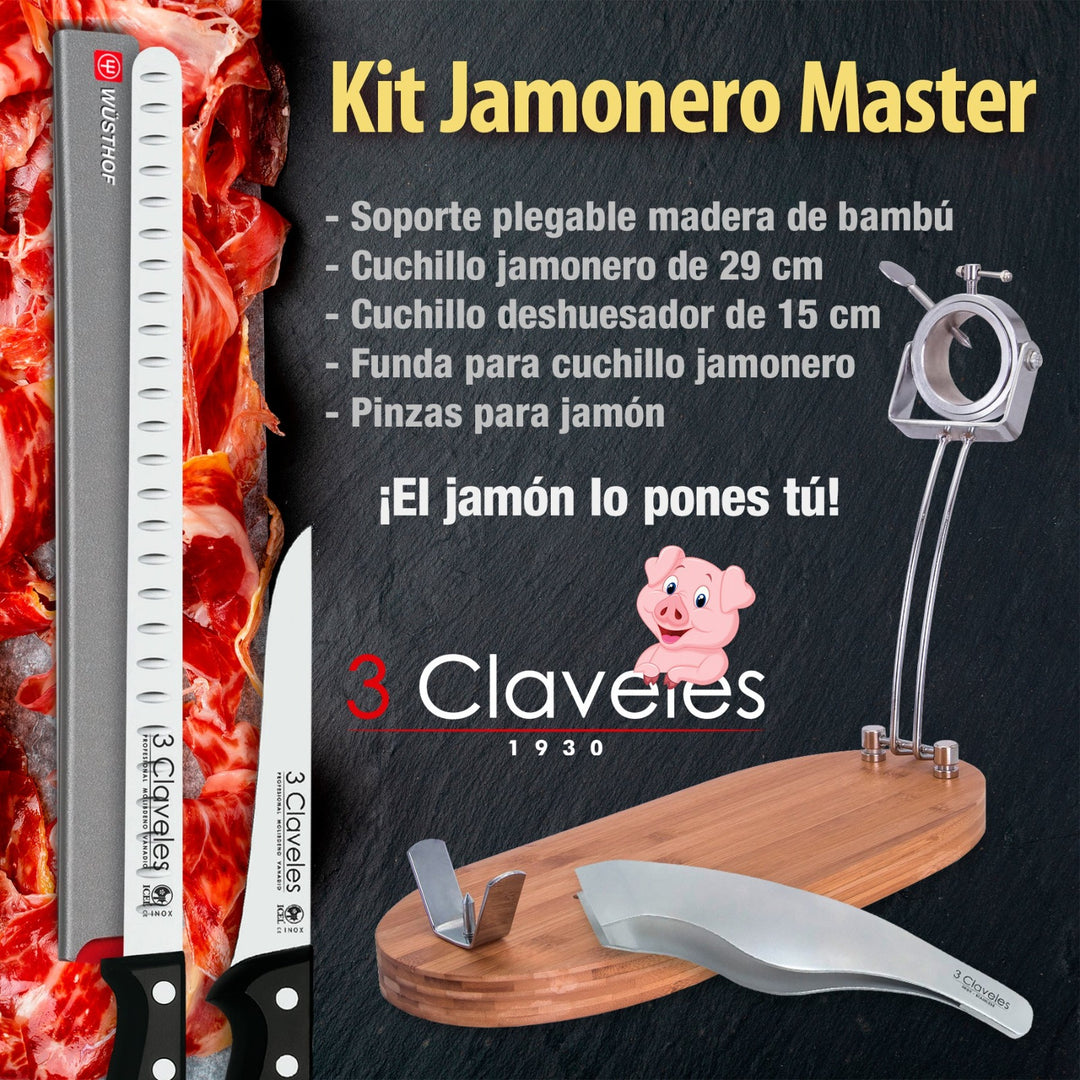 3 Claveles - Kit Soporte Jamonero Profesional MASTER 01733 Plegable. Cuchillos y Pinzas