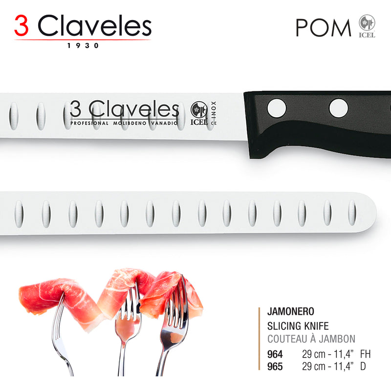 3 Claveles POM - Cuchillo Jamonero Alveolado Profesional 29 cm Acero Inoxidable