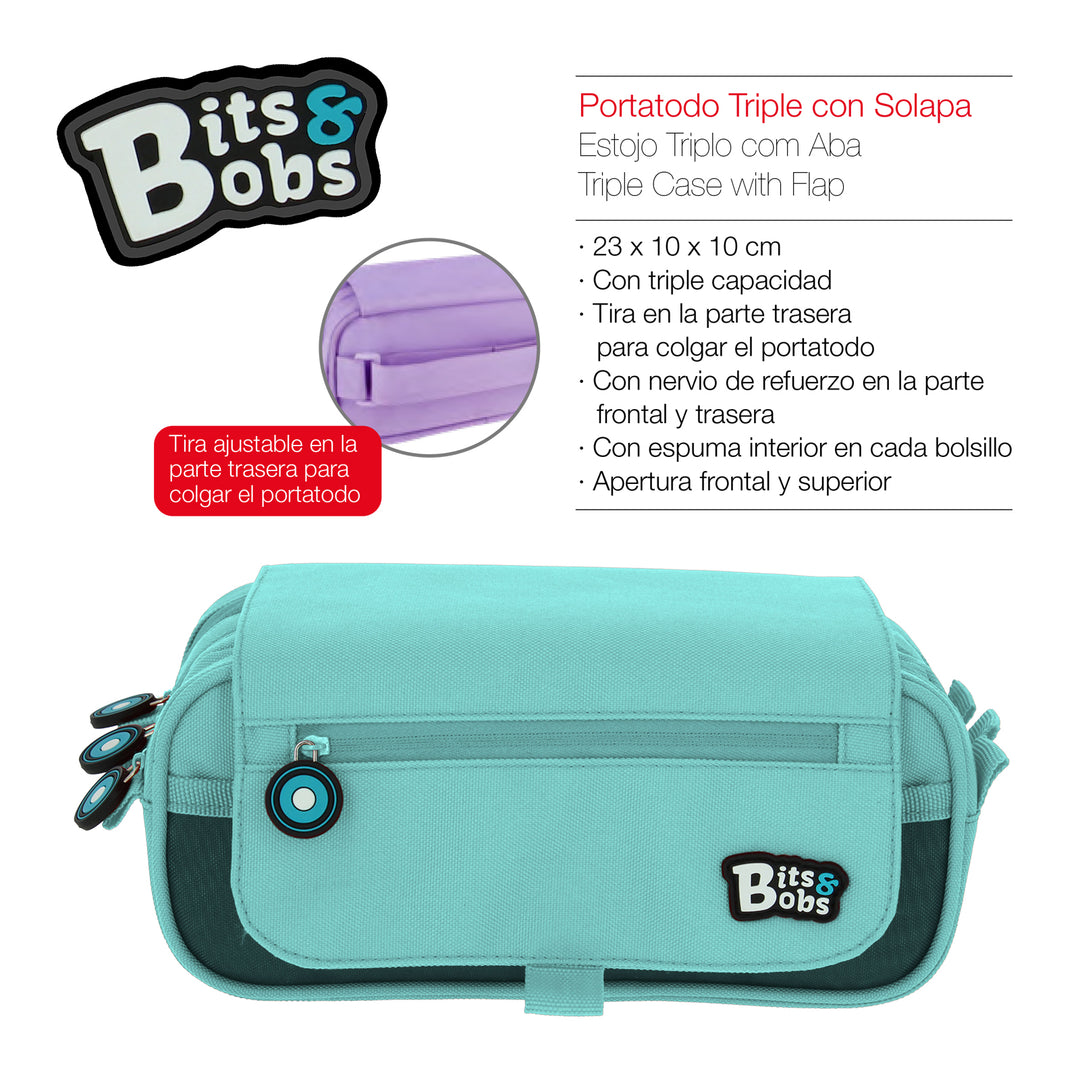 ColePack BitsBobs - Estuche Triple de 3 Cremalleras con Material Escolar Incluido. Azul Claro