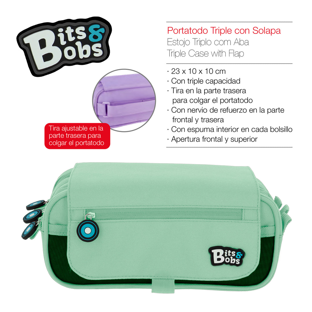 ColePack BitsBobs - Estuche Triple de 3 Cremalleras con Material Escolar Incluido. Mint Soft