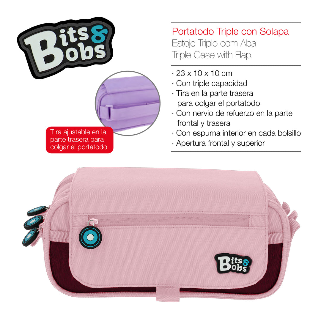 ColePack BitsBobs - Estuche Triple de 3 Cremalleras con Material Escolar Incluido. Rosa Soft