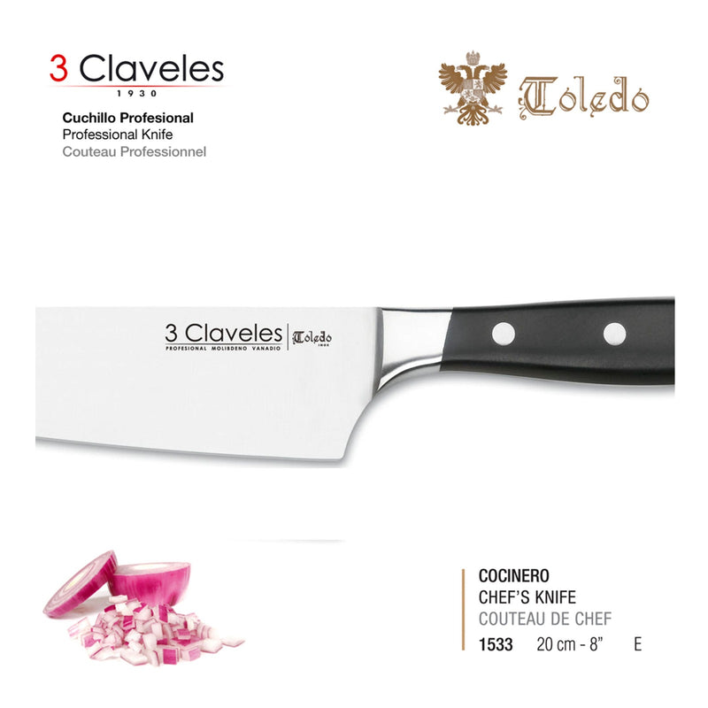 3 Claveles Toledo - Cuchillo Cocinero Profesional 20 cm Acero Inoxidable