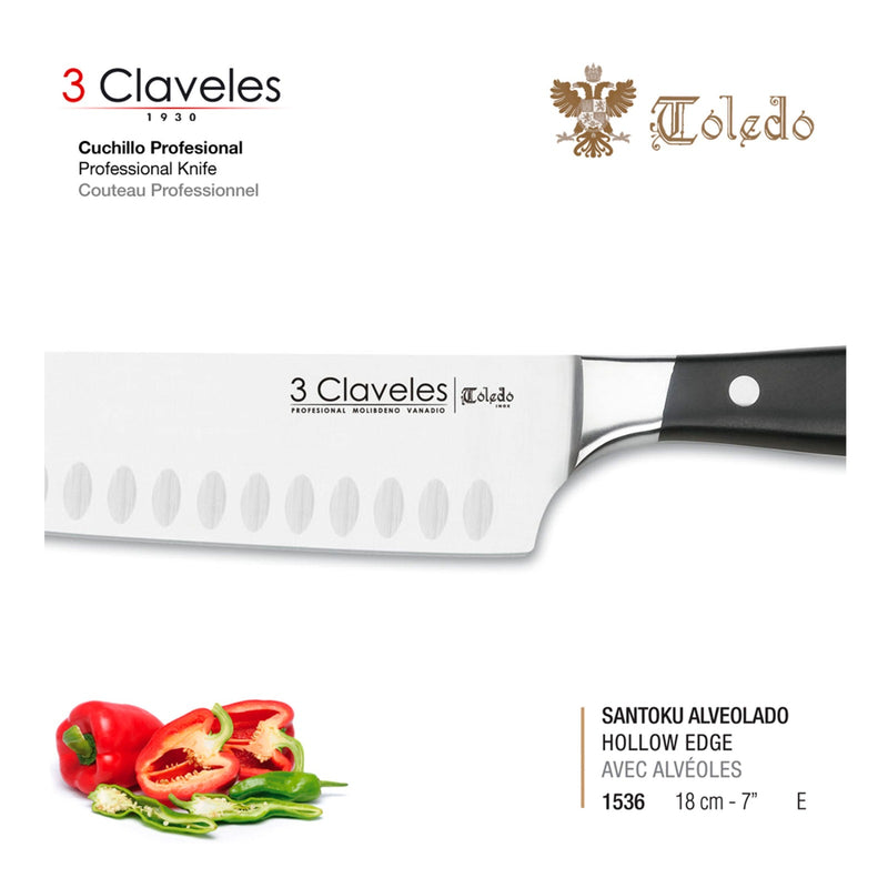3 Claveles Toledo - Cuchillo Santoku Alveolado Profesional 18 cm Acero Inoxidable