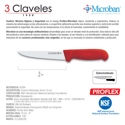 3 Claveles Proflex - Cuchillo Profesional Deshuesador Ancho 15 cm Microban. Rojo