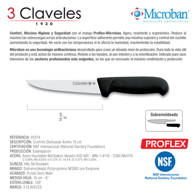 3 Claveles Proflex - Cuchillo Profesional Deshuesador Ancho 15 cm Microban. Negro