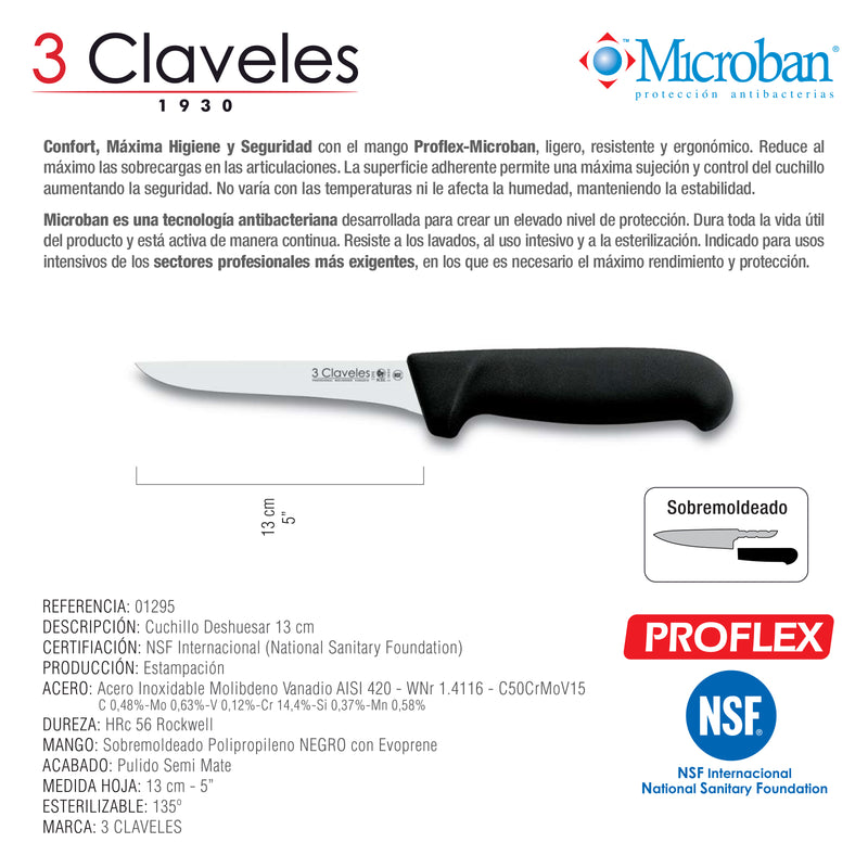 3 Claveles Proflex - Cuchillo Profesional Deshuesador Estrecho 13 cm Microban. Negro