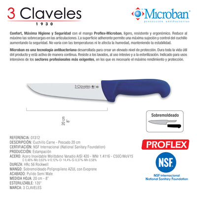 3 Claveles Proflex - Cuchillo Profesional para Despellejar 10 cm Microban. Azul