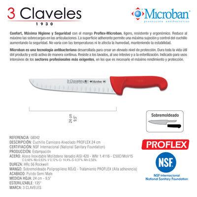3 Claveles Proflex - Cuchillo Profesional Carnicero Alveolado 24 cm Microban. Rojo