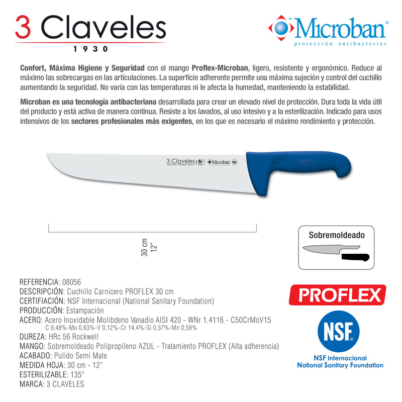 3 Claveles Proflex - Cuchillo Profesional Carnicero Ancho 30 cm Microban. Azul