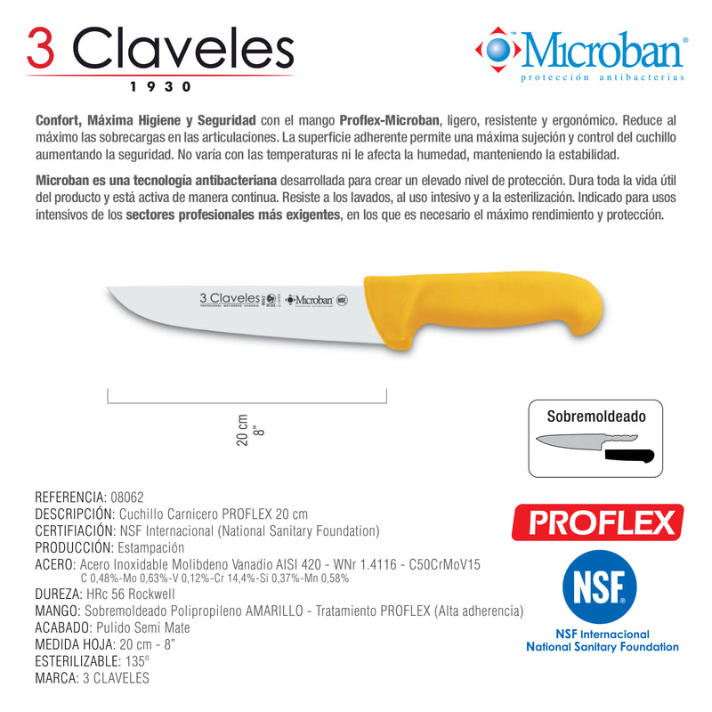 3 Claveles Proflex - Cuchillo Profesional Carnicero Ancho 20 cm Microban. Amarillo