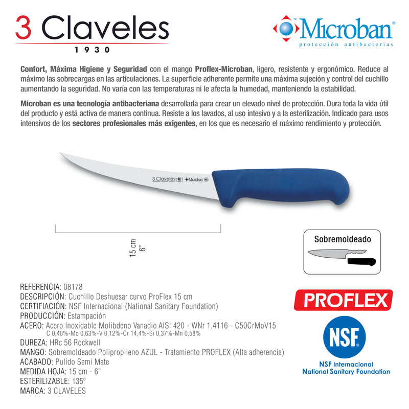 3 Claveles Proflex - Cuchillo Profesional Deshuesador Curvo 15 cm Microban. Azul