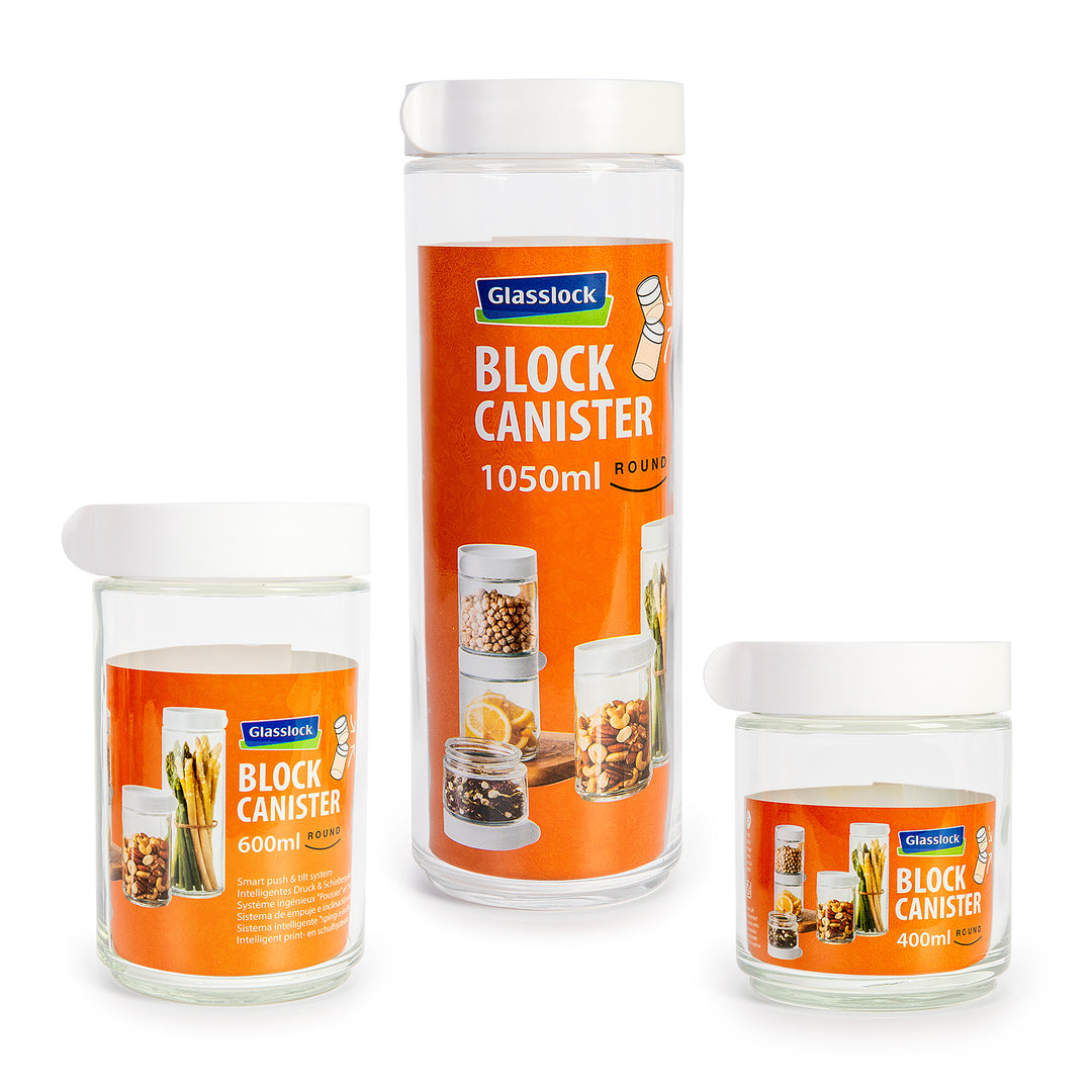 Glasslock Block Canister - Bote de Cocina Redondo de 0.4L en Vidrio Templado