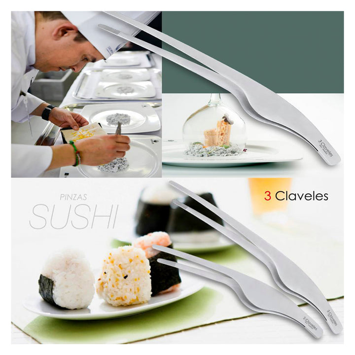 3 Claveles 01178 - Pinzas Ergonomicas en Acero Inoxidable para Sushi y Emplatar 25 cm