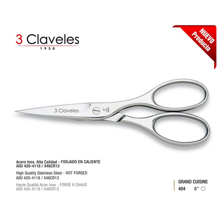 3 Claveles Grand Cuisine - Tijeras de Cocina Profesionales de 8" 20 cm en Acero Forjado en Caliente