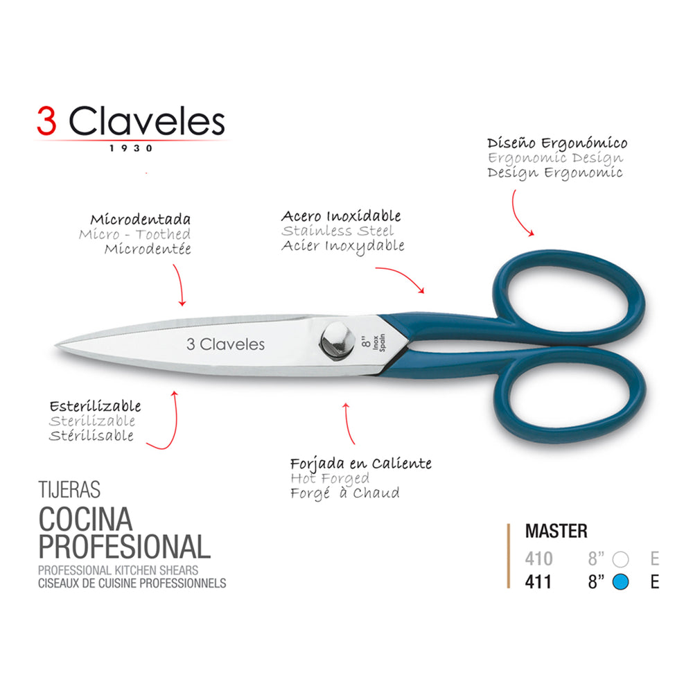 3 Claveles Master - Tijeras de Cocina Profesionales de 8" 20 cm, Acero Forjado en Caliente