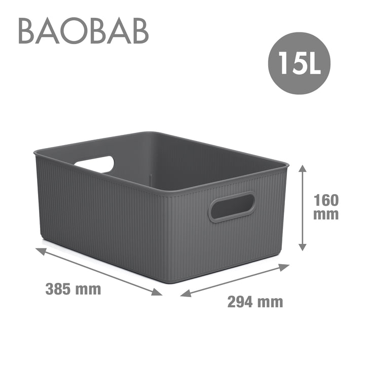 TATAY Baobab - Lote de 2 Cajas Organizadoras 15L con Tapa en Plástico PP05. Gris Antracita