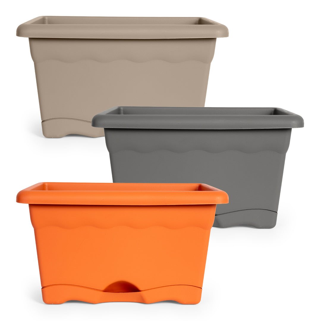 Plastiken TERRA - Set de 4 Jardineras con Plato Integrado. Medida 30 cm 6L. Taupe