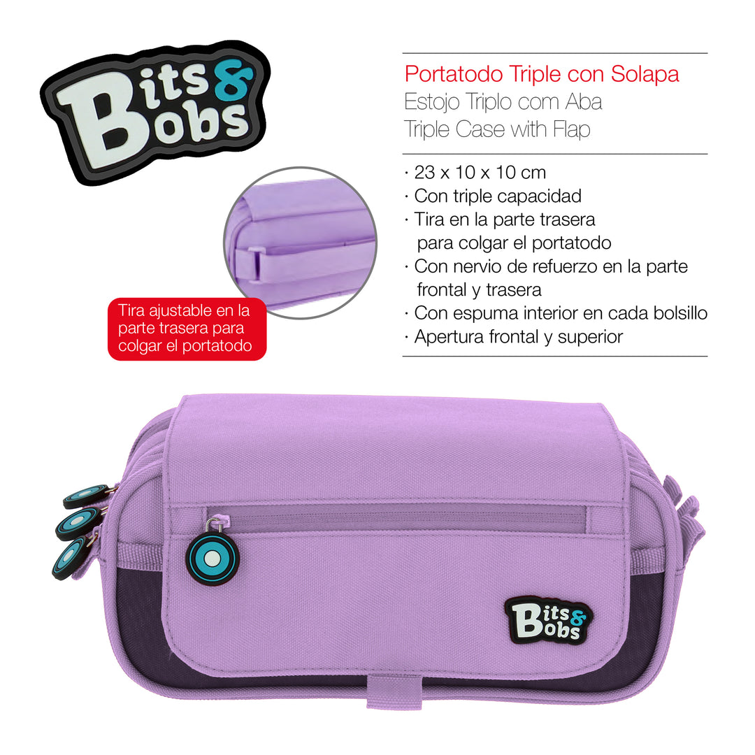 Grafoplás - Estuche Portatodo Triple con Solapa para Material Escolar. Lavanda.