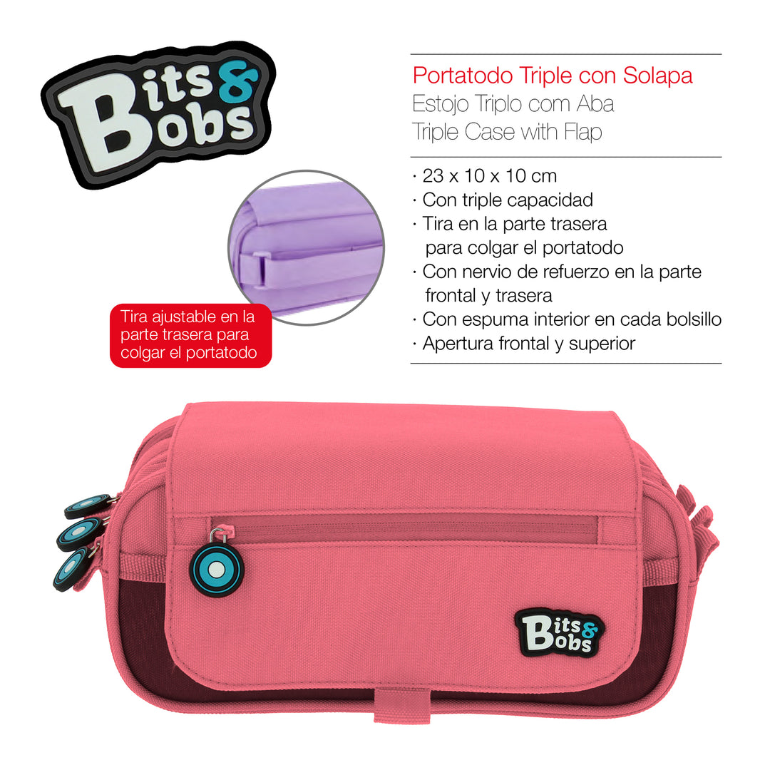 Grafoplás - Estuche Portatodo Triple con Solapa para Material Escolar. Rosa Claro