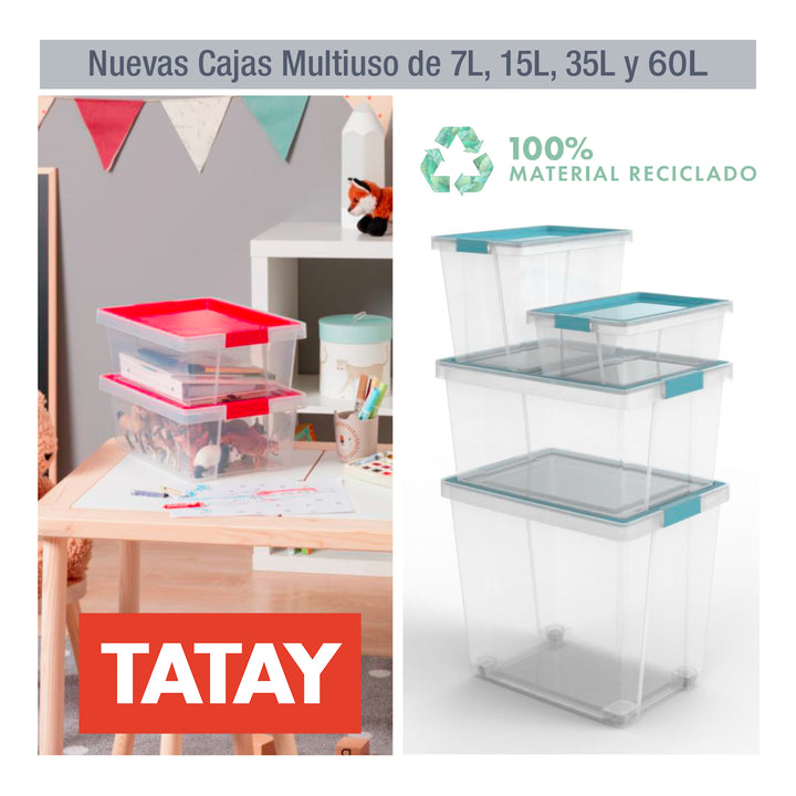 TATAY - Set de 3 Cajas de Ordenación Multiusos Grandes 100% Reciclables con Tapa Abatible. Rojo