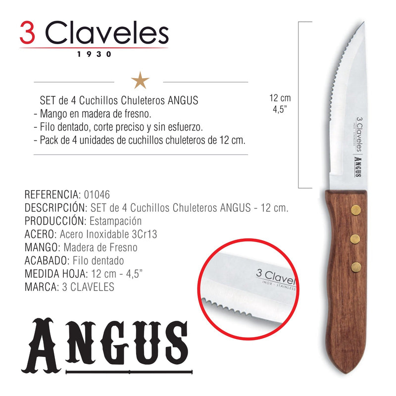3 Claveles Angus - Set de 4 Cuchillos Chuleteros 12 cm en Acero Inoxidable