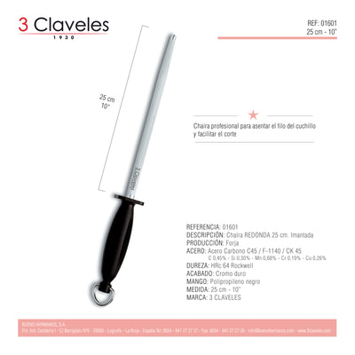 3 Claveles - Chaira Redonda Profesional 30 cm en Acero Carbono Cromado