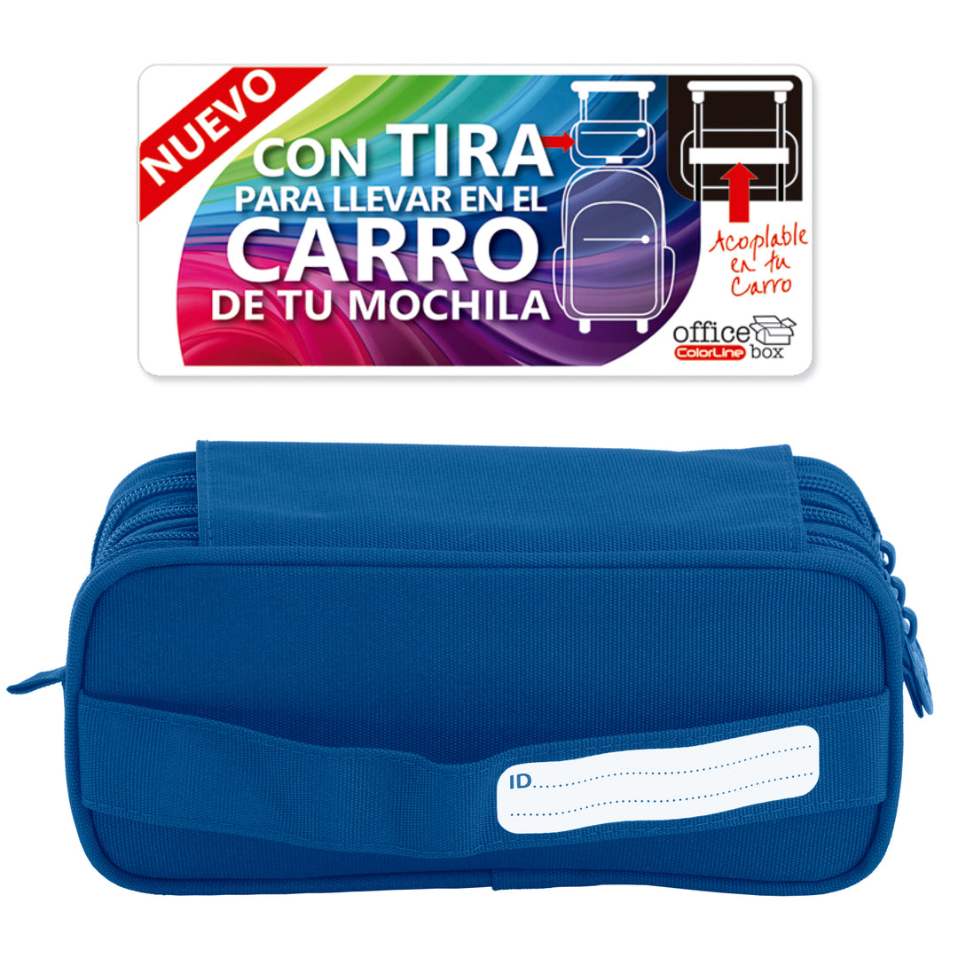 Estuche Escolar Triple Portatodo de Alta Capacidad con Tres Cremalleras. Azul Oscuro