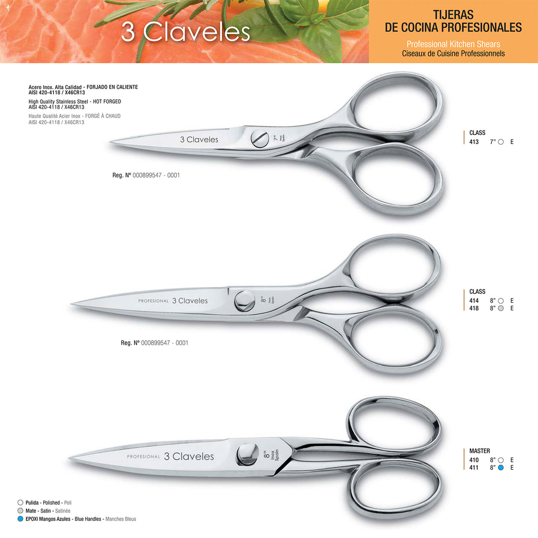 3 Claveles Master Class - Tijeras de Cocina Profesionales de 7" 17.5 cm, Acero Forjado en Caliente