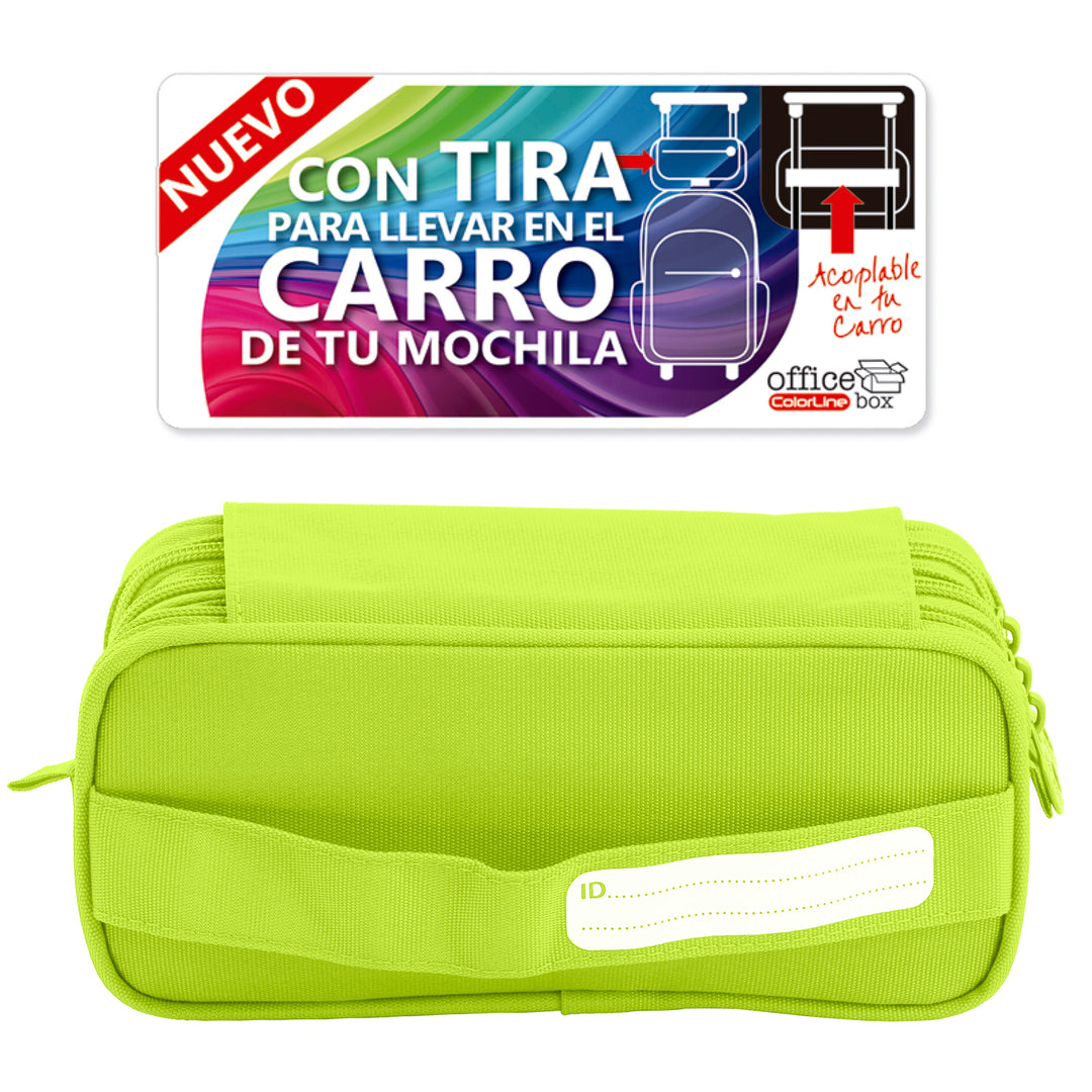 Estuche Escolar Triple Portatodo de Alta Capacidad con Tres Cremalleras. Fluor