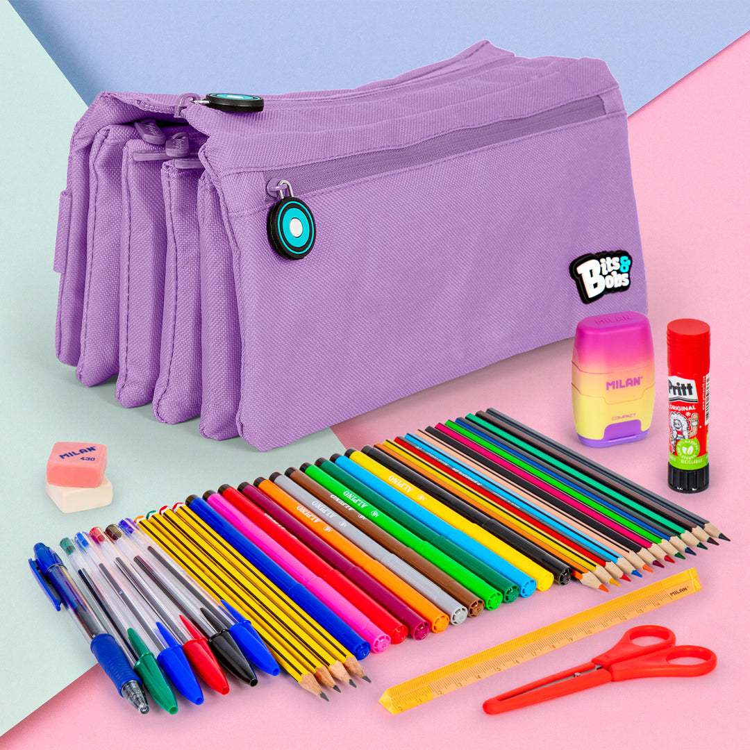 ColePack 2022 - Estuche Escolar Cuádruple de 4 Cremalleras y Material Incluido. Lavanda