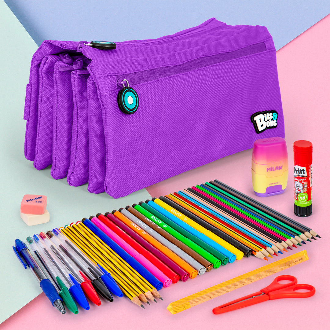 ColePack 2022 - Estuche Escolar Cuádruple de 4 Cremalleras y Material Incluido. Morado