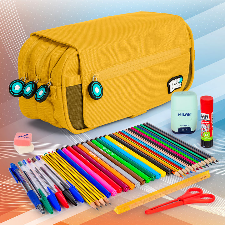 ColePack BitsBobs - Estuche Triple de 3 Cremalleras con Material Escolar Incluido. Amarillo