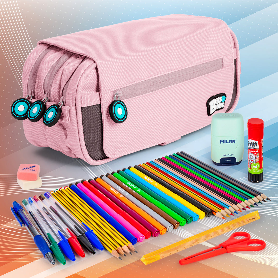 ColePack BitsBobs - Estuche Triple de 3 Cremalleras con Material Escolar Incluido. Rosa Soft