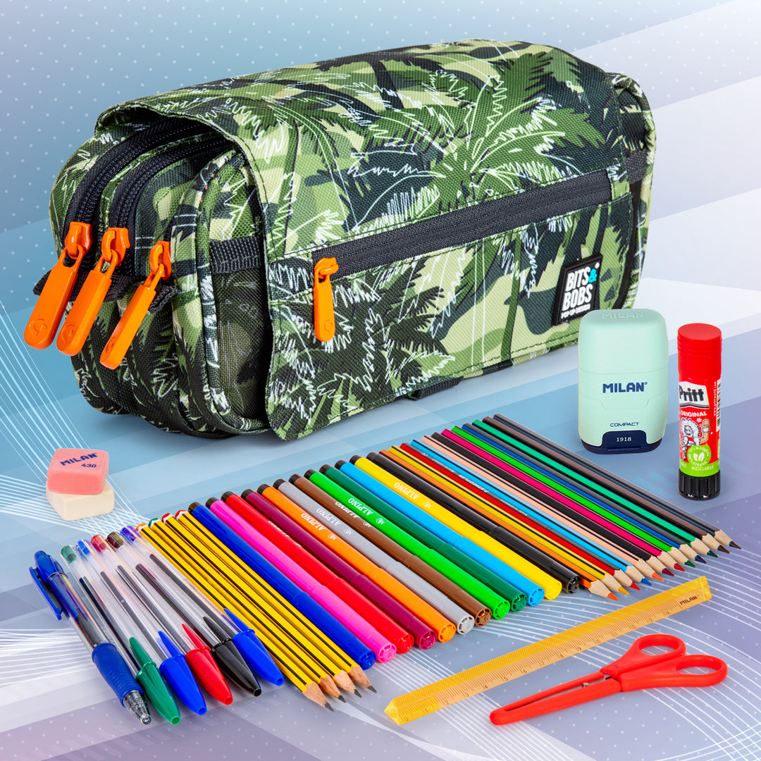 ColePack Design - Estuche Triple de 3 Cremalleras con Material Escolar Incluido. Palms