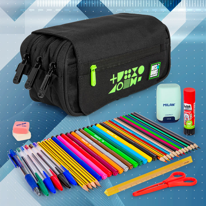 Grafoplás Fluor - Estuche Portatodo Triple con Solapa para Material Escolar. Verde