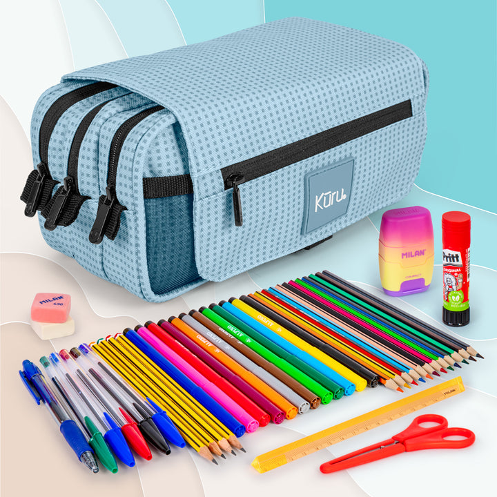 Grafoplás Kūru - Estuche Portatodo Triple con Solapa para Material Escolar. Azul