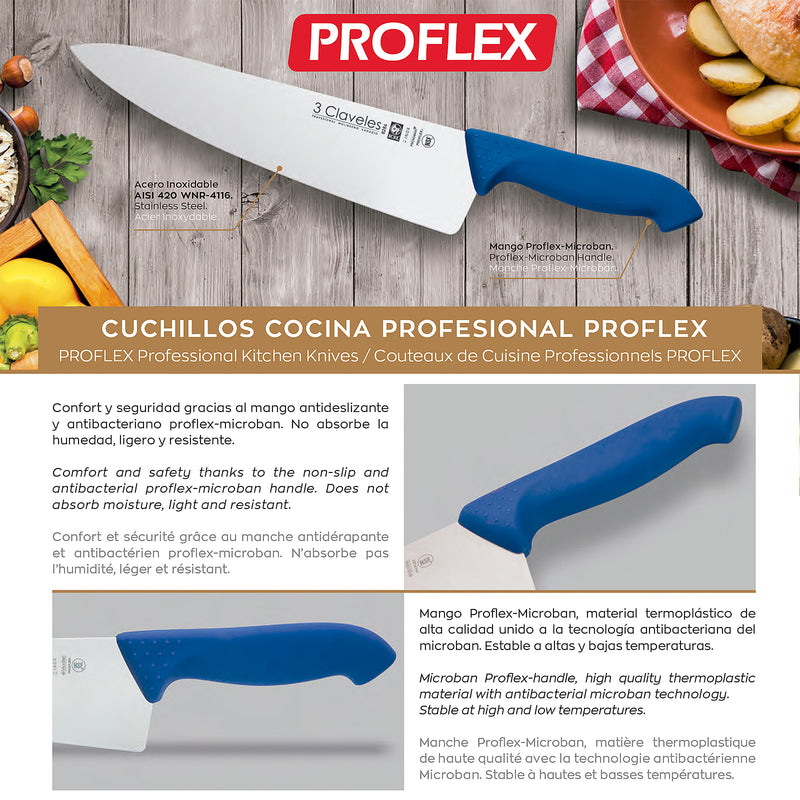 3 Claveles Proflex - Cuchillo Profesional Cocinero Ancho 25 cm Microban. Azul